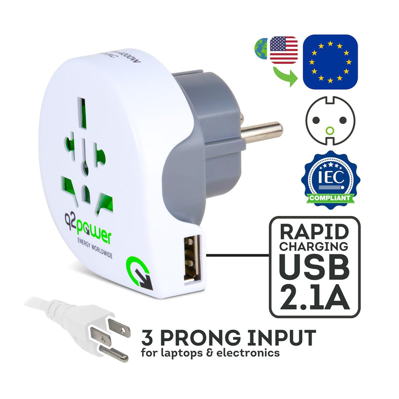 Q2 Power WORLD TO EUROPE USB Adattatore Univ. da Viaggio Presa a Terra + USB A