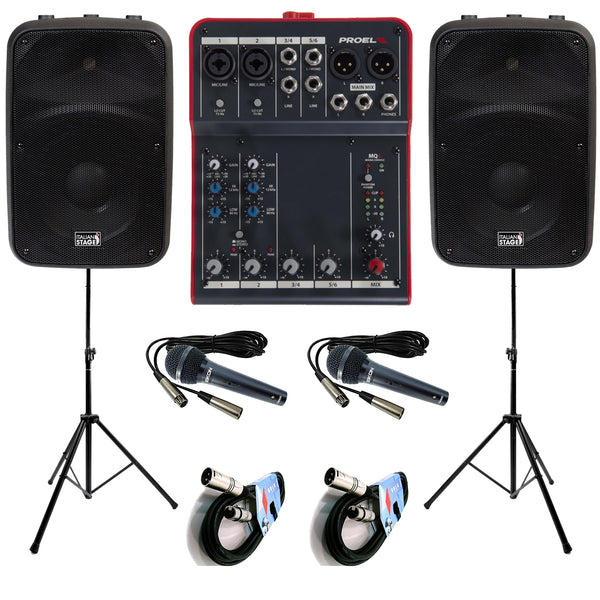 Italian Stage IS SPX10AUB Coppia Casse + MQ6 Mixer +2 Mic + 2 Stativi+2Cavi 10mt