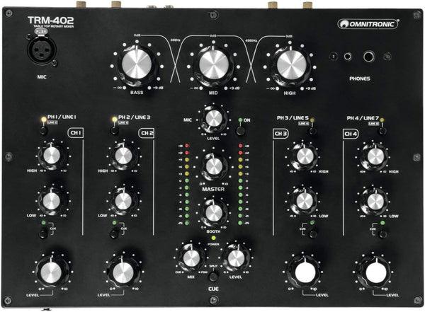 Omnitronic TRM-402 Mixer Dj rotativo 4C con isolatore di frequenza a 3 bande