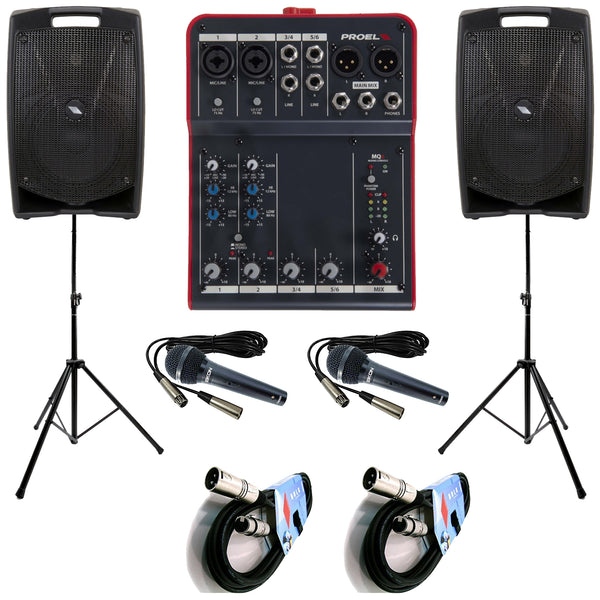 Proel V10PLUS Coppia Casse+ MQ6 Mixer + 2 Mic DM800 + 2 Stativi + 2 Cavi 10mt