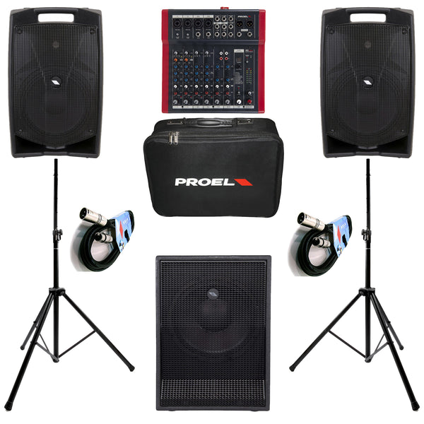 Proel V10PLUS 2 Casse 600w + PROEL S12A Subwoofer +MQ10FX Mixer+Bag+Stativi+Cavi