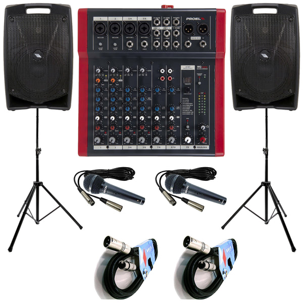 Proel V15PLUS Coppia Casse+MQ10FX Mixer+2Mic DM800+2Stativi+2Cavi
