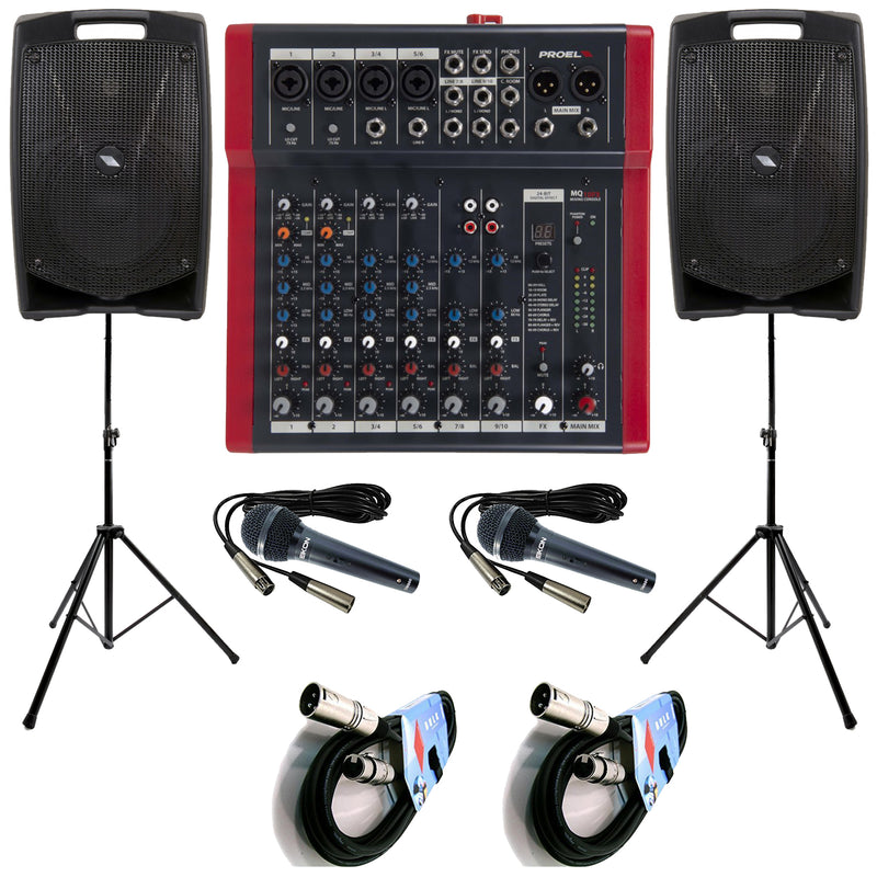 Proel V15PLUS Coppia Casse+MQ10FX Mixer+2Mic DM800+2Stativi+2Cavi