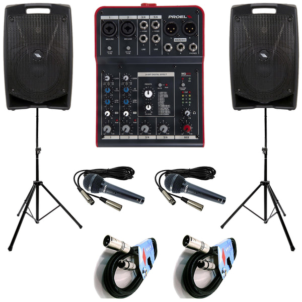 Proel V8PLUS Coppia Casse+MQ6FX Mixer+2Mic DM800+2Stativi+2Cavi