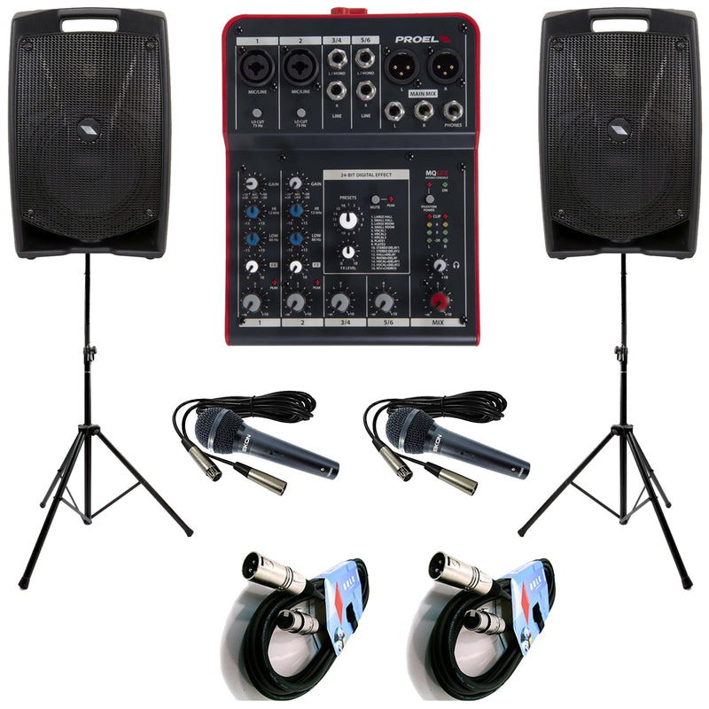 Proel V8PLUS Coppia Casse+MQ6FX Mixer+2Mic DM800+2Stativi+2Cavi