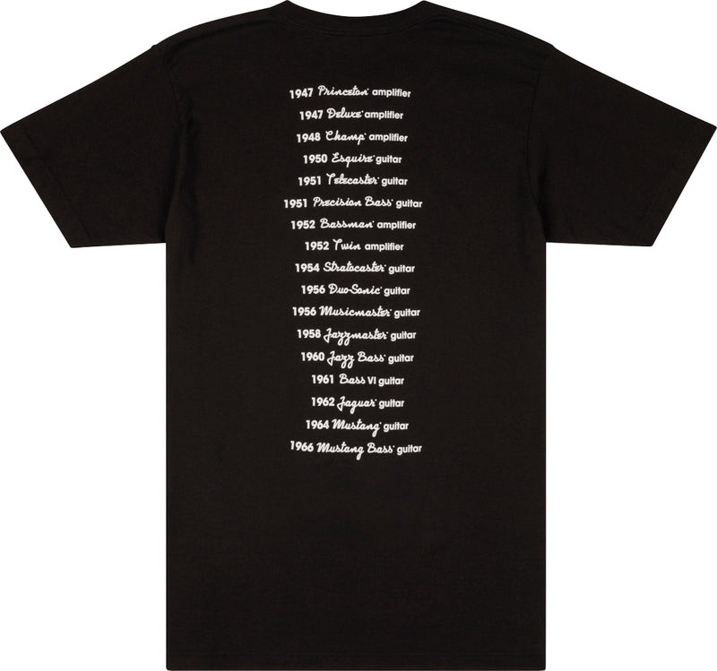 Fender T-Shirt Logo Date Back Tee con logo Fender e date Chitarre e Amp, XL Nero