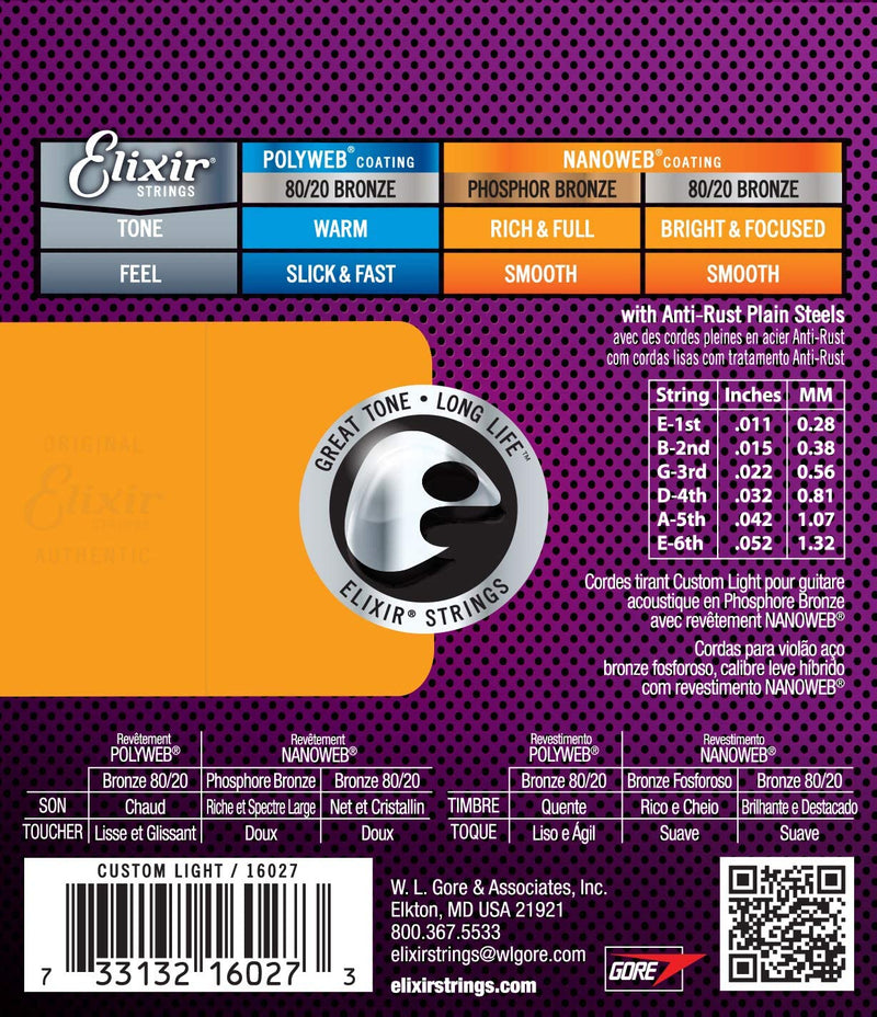 Elixir 16027 Nanoweb Custom Light Ac. Ph. Br 6 Corde x Chitarra Acustica 011-052