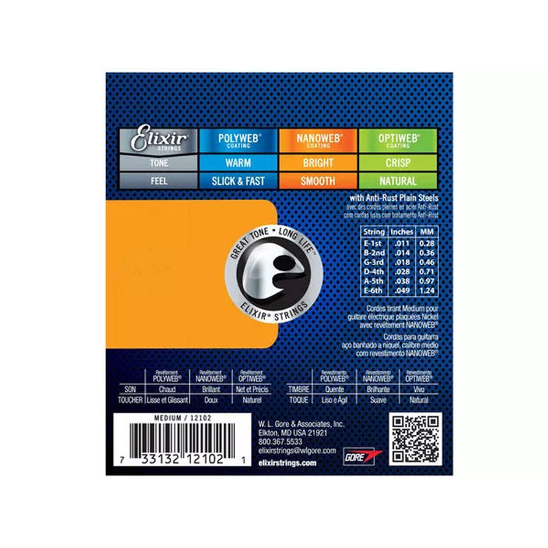 Elixir 12102 Nanoweb Medium Electric Set 6 Corde x Chitarra Elettrica 011-049