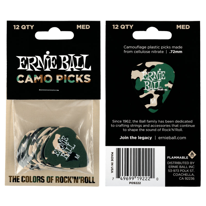 Ernie Ball P09222 CAMO PICKS Plettri Mimetici Nitrato/Acetato 12 pezzi, Medium