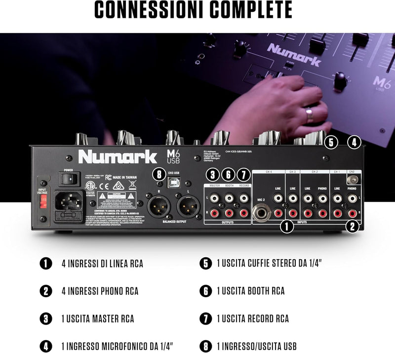 Numark M6 USB Mixer Pro x Dj a 4 canali, con connessione USB per computer, Nero