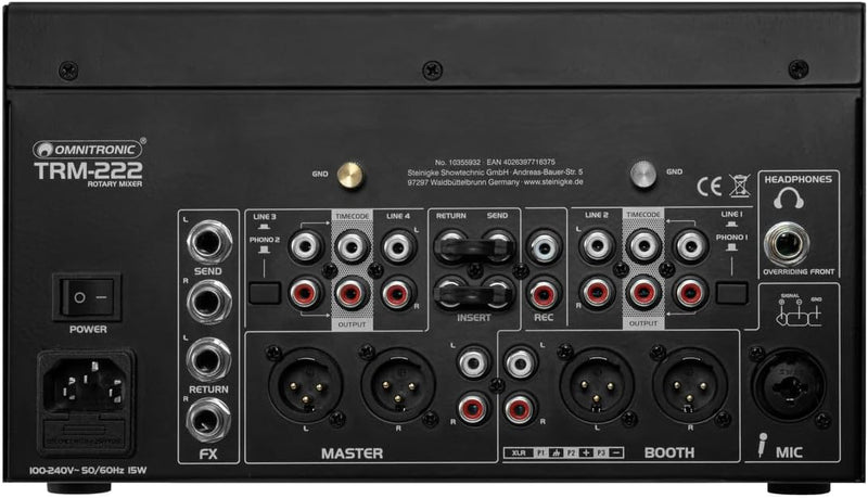 Omnitronic TRM-222 Mixer Dj rotativo 2C isolat. freq. 3 bande filt. VCF FX Loop
