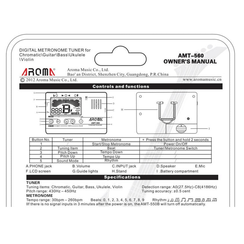 Aroma AMT-560 Accordatore Calibratore Metronomo cromatico Ampio display, Nero