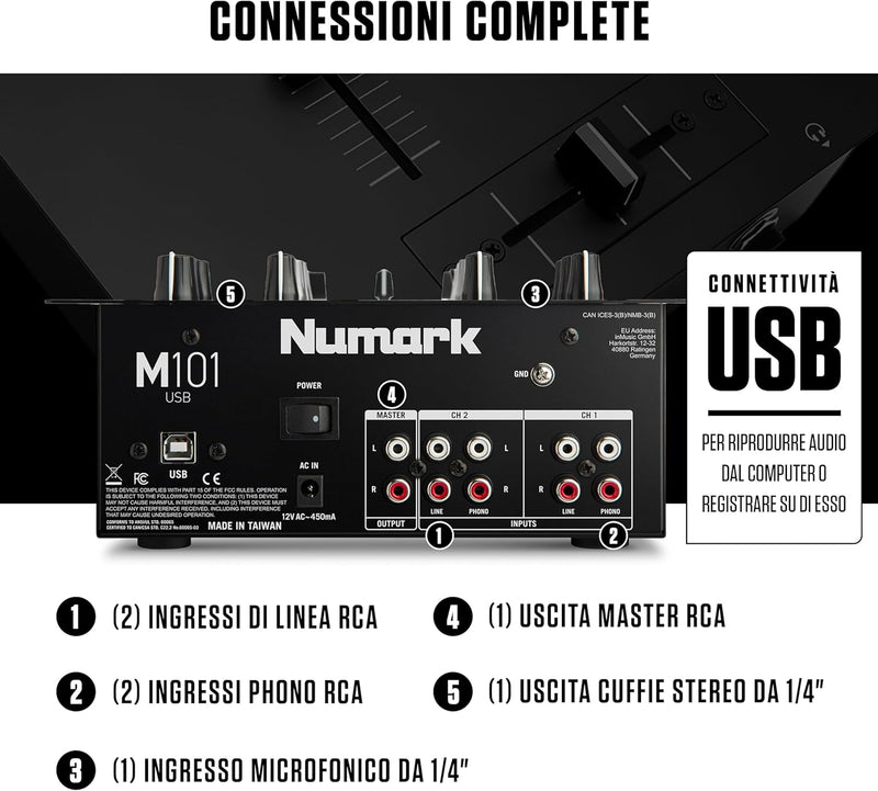 Numark M101 USB Mixer Pro x Dj 2 canali, con connessione USB per computer, Nero