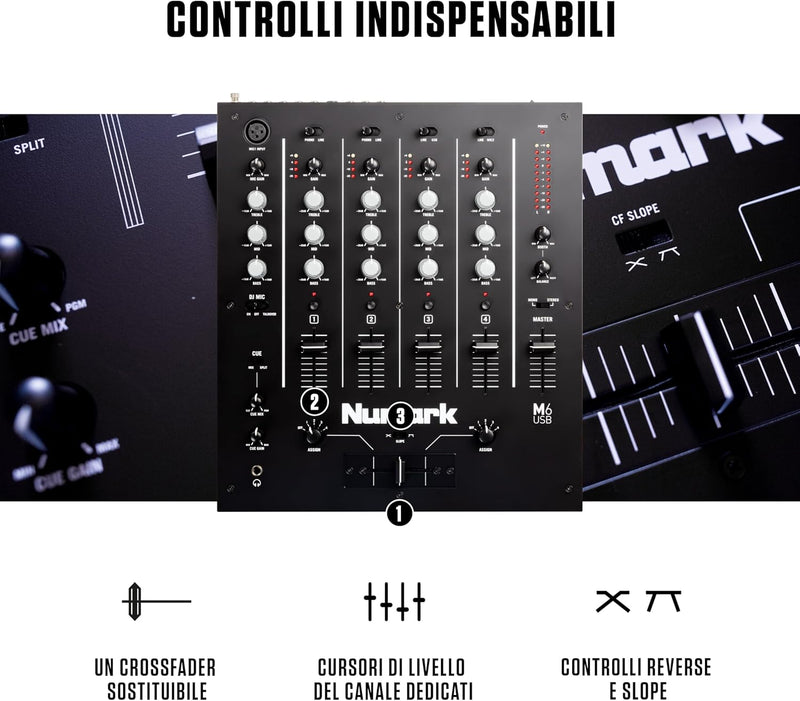 Numark M6 USB Mixer Pro x Dj a 4 canali, con connessione USB per computer, Nero