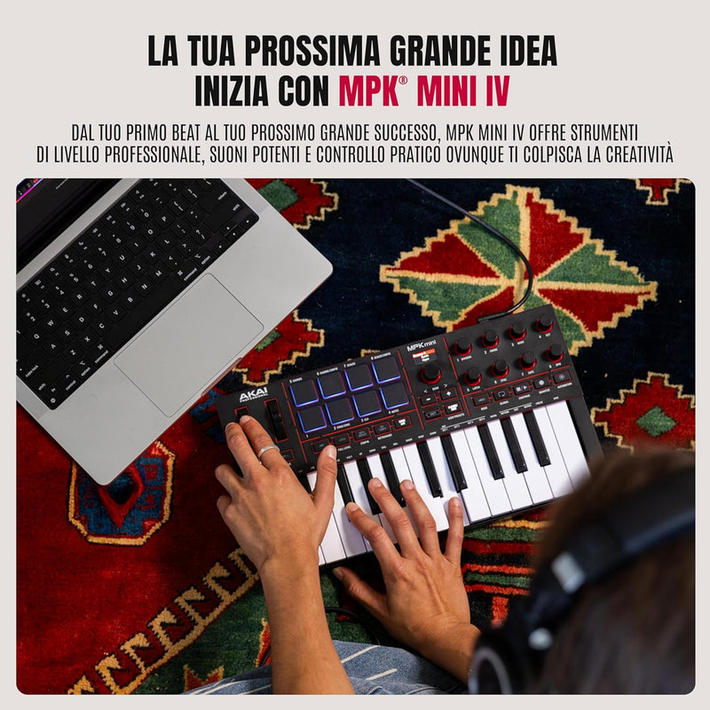 Akai MPK Mini Play MKIV Mini Tastiera Controller Midi 25T, USB e 8 Pad MPC, Nero