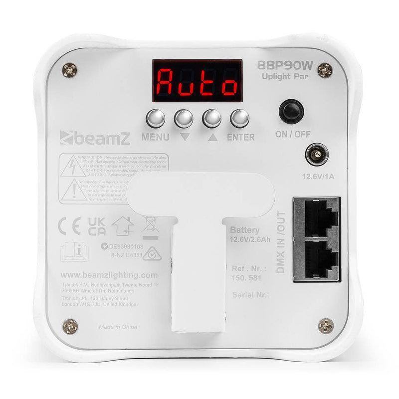 Beamz BBP90W Uplight Par 4x4W 4in1 Led RGB-UV batteria e comando IR e DMX Bianco