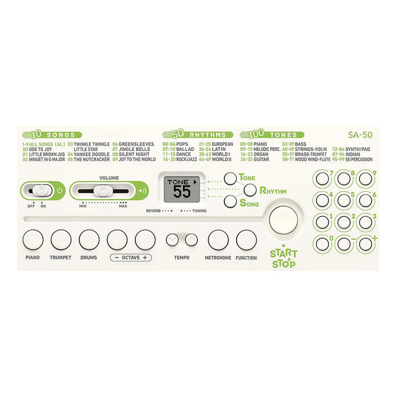 Casio SA-50 Mini Tastiera polifonica a 32 tasti, Bianco fondo in Verde Lime