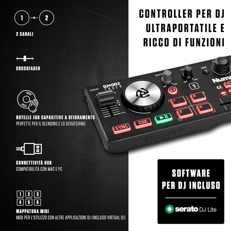 Numark DJ2GO2 TOUCH Controller Dj portatile 2Deck Scheda audio con pre X cuffia