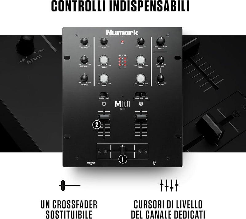Numark M101 USB Mixer Pro x Dj 2 canali, con connessione USB per computer, Nero
