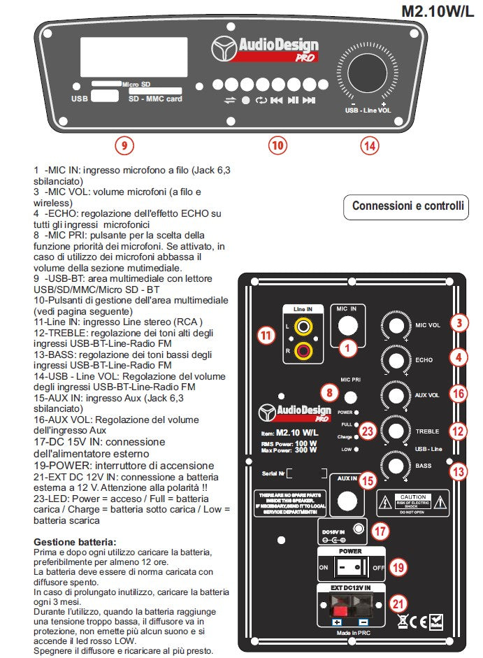 Audiodesign M2 10W/L Trolley Batteria Diffusore Attivo+2Mic Palm. Wireless 300w