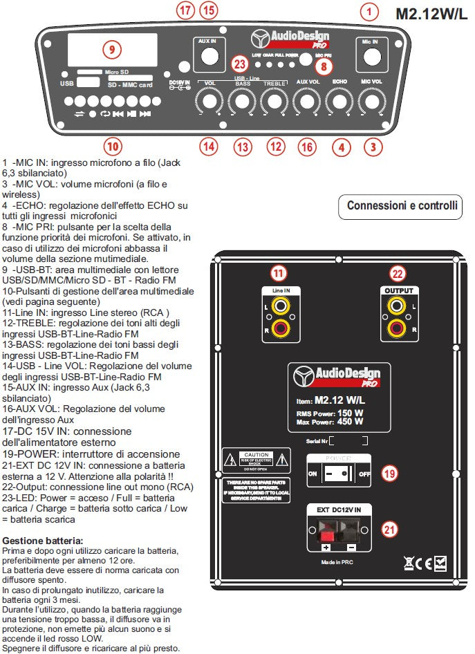 Audiodesign M2 12W/L Trolley Batteria Diffusore Attivo+ 2Mic Palm. Wireless 450w