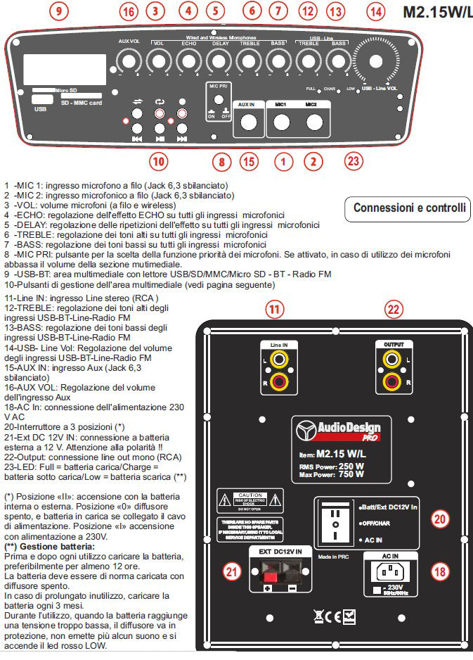 Audiodesign M2 15W/L Trolley Batteria Diffusore Attivo+ 2Mic Palm. Wireless 750w