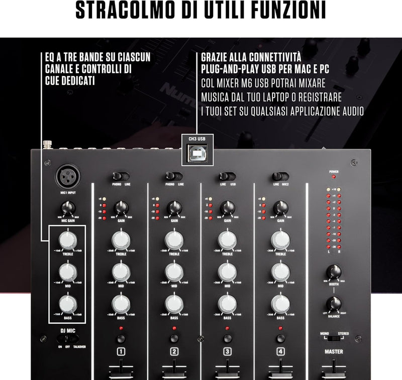 Numark M6 USB Mixer Pro x Dj a 4 canali, con connessione USB per computer, Nero