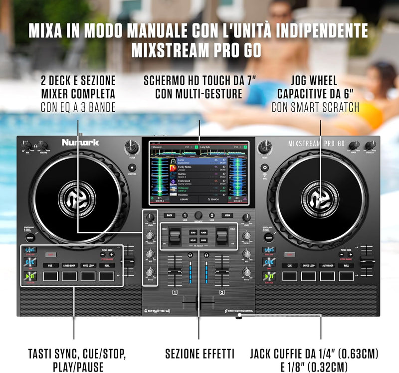 Numark MIXSTREAM PRO GO Controller Dj 2Deck a batteria con Wi-Fi integrato Touch