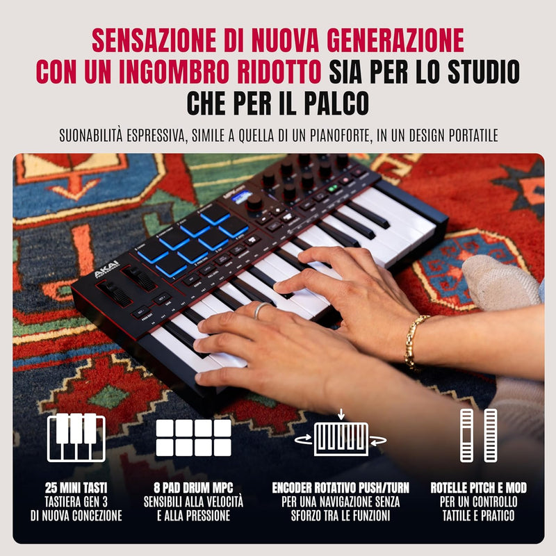 Akai MPK Mini Play MKIV Mini Tastiera Controller Midi 25T, USB e 8 Pad MPC, Nero