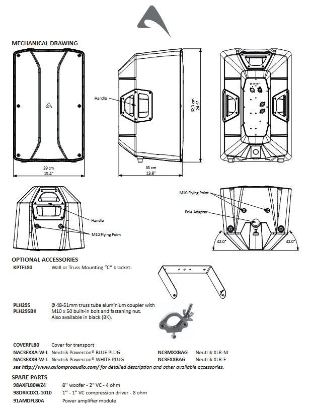 Axiom FL80A Coppia Diffusore Audio Pro 8" 2Vie 300W RMS + COVERFL80 Coppia Cover