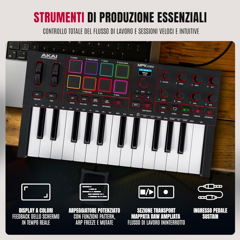 Akai MPK Mini Play MKIV Mini Tastiera Controller Midi 25T, USB e 8 Pad MPC, Nero