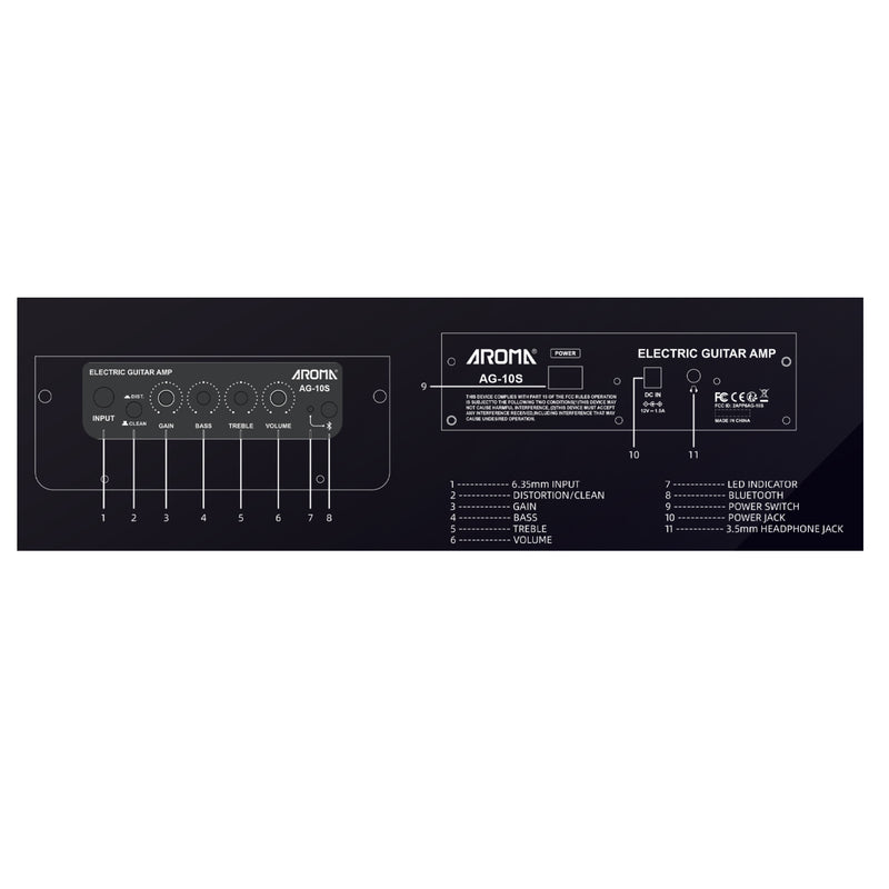 Aroma AG-10S Amplificatore portatile x chitarra elettrica 10w + bluetooth, Nero