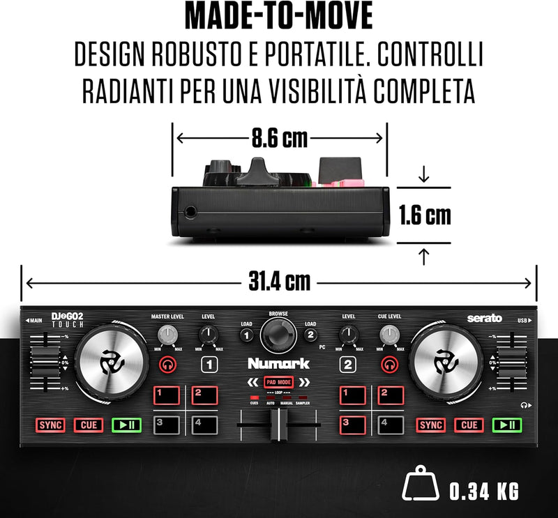 Numark DJ2GO2 TOUCH Controller Dj portatile 2Deck Scheda audio con pre X cuffia