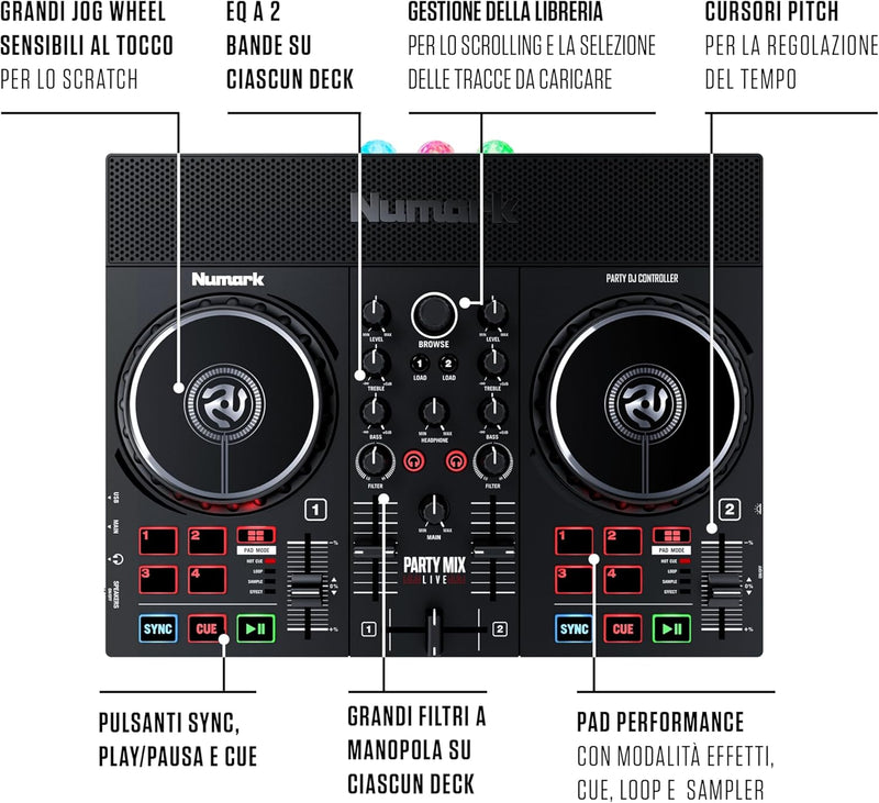 Numark PARTY MIX LIVE Controller Dj 2Deck scheda audio integrata spettacolo luci