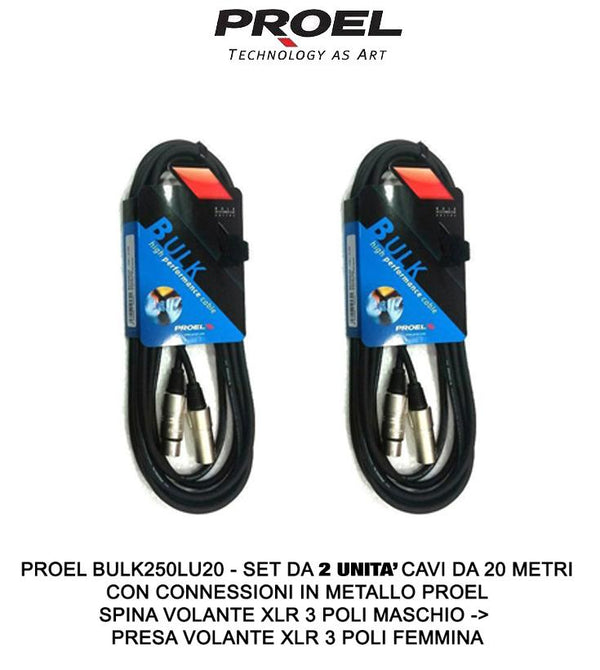 Proel BULK250LU20 Set da 2 Cavi Cannon XLR 3P M a Cannon XLR 3P F 20mt