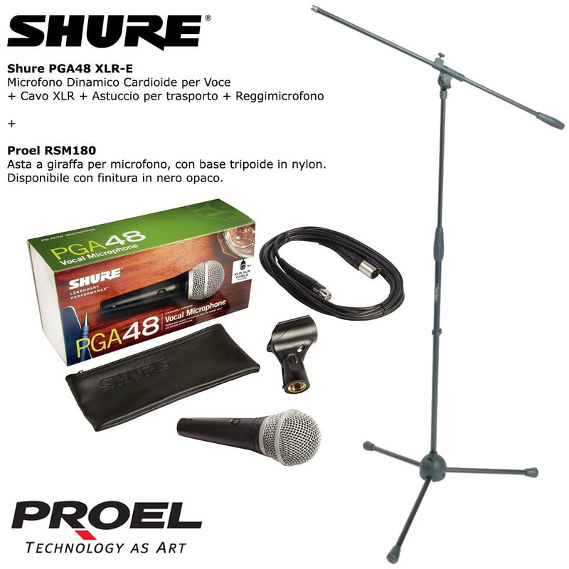 Shure PGA48 XLR-E Microfono Professionale Voce + Proel RSM180 Asta Giraffa