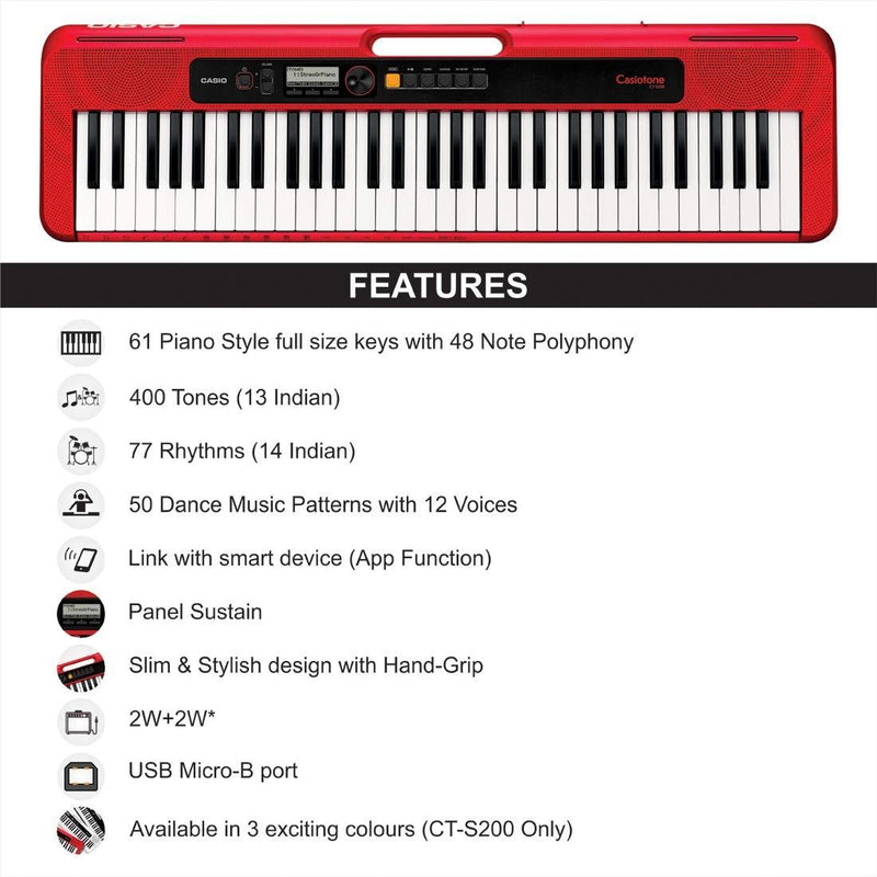 Casio CT-S200RD Tastiera Digitale 61 Tasti utilizzabile anche a batterie, Rosso