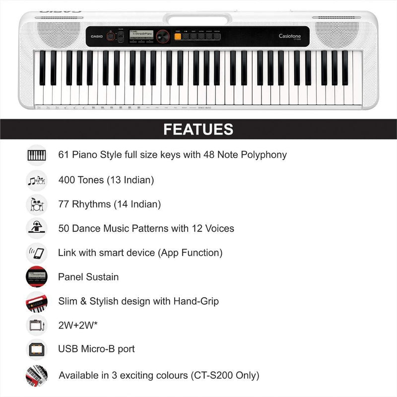 Casio CT-S200WE Tastiera Digitale 61 Tasti utilizzabile anche a batterie, Bianco