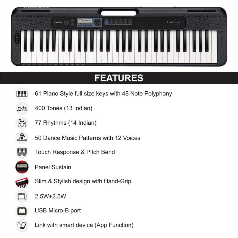 Casio CT-S300 Tastiera Digitale 61 Tasti include un pedale sustain, Nero